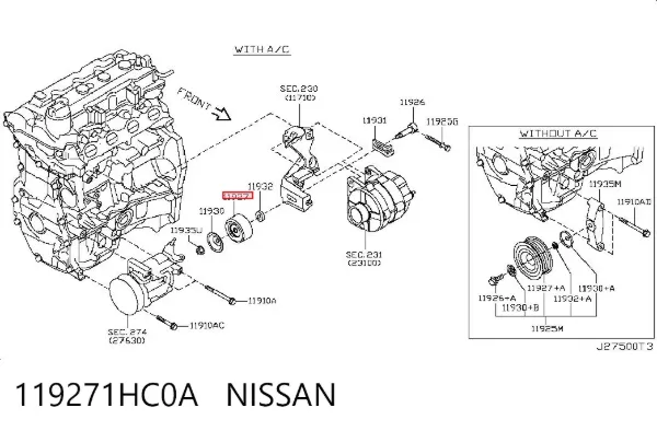 Rolo de reguladora de tensão da correia de transmissão 119271HC0A Nissan/Infiniti