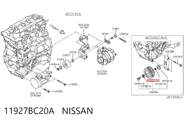 Rolo de reguladora de tensão da correia de transmissão 11927BC20A Nissan/Infiniti