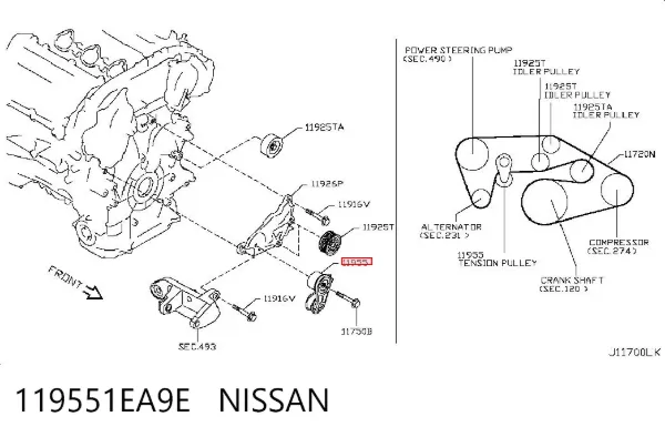 Reguladora de tensão da correia de transmissão 119551EA9E Nissan/Infiniti