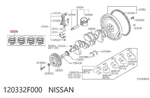 Kit de anéis de pistão de motor, STD. 120332F000 Nissan/Infiniti