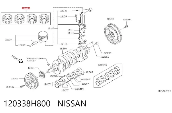 Kit de anéis de pistão de motor, STD. 120338H800 Nissan/Infiniti