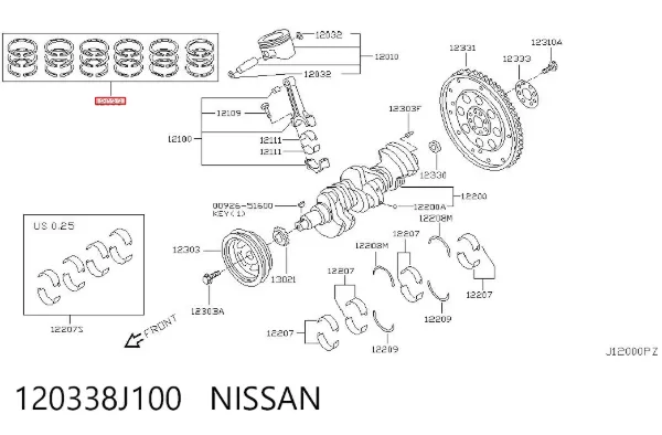 Kit de anéis de pistão de motor, STD. 120338J100 Nissan/Infiniti