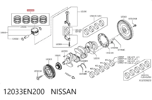 Kit de anéis de pistão de motor, STD. 12033EN200 Nissan/Infiniti