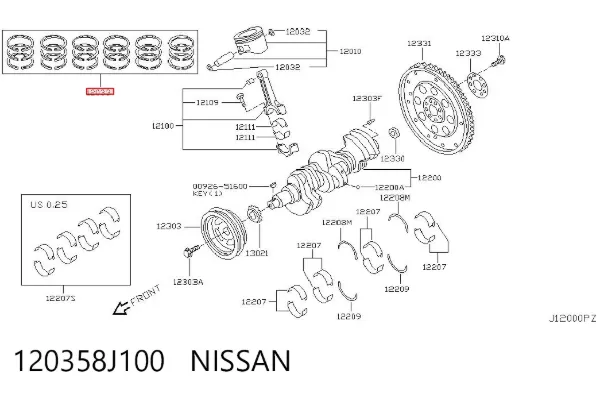 Kit de anéis de pistão de motor, 1ª reparação ( + 0,25) 120358J100 Nissan/Infiniti