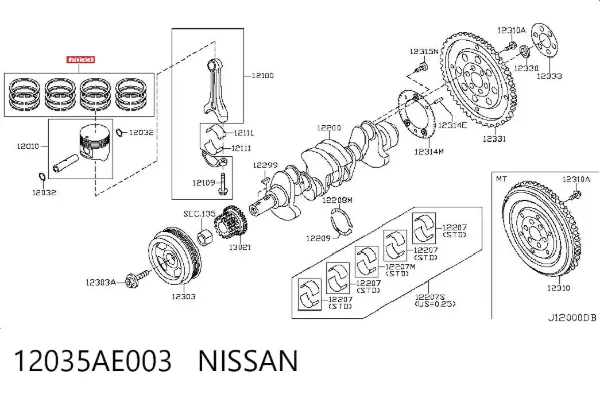 Kit de anéis de pistão de motor, 1ª reparação ( + 0,25) 12035AE003 Nissan/Infiniti