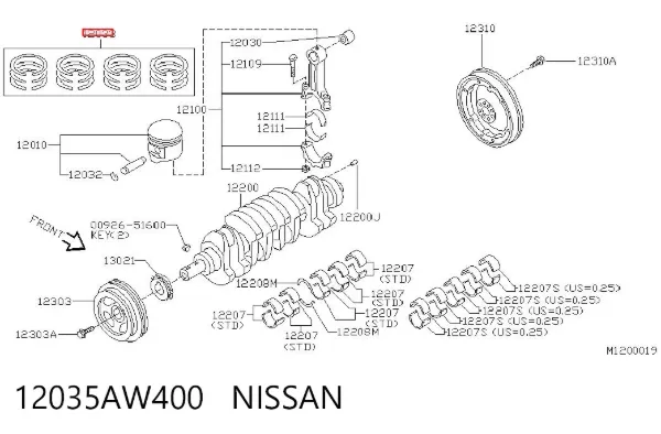 Kit de anéis de pistão de motor, 1ª reparação ( + 0,25) 12035AW400 Nissan/Infiniti