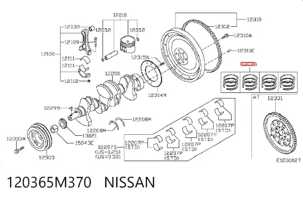 Kit de anéis de pistão de motor, 2ª reparação ( + 0,50) 120365M370 Nissan/Infiniti