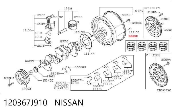 Kit de anéis de pistão de motor, 2ª reparação ( + 0,50) 120367J910 Nissan/Infiniti