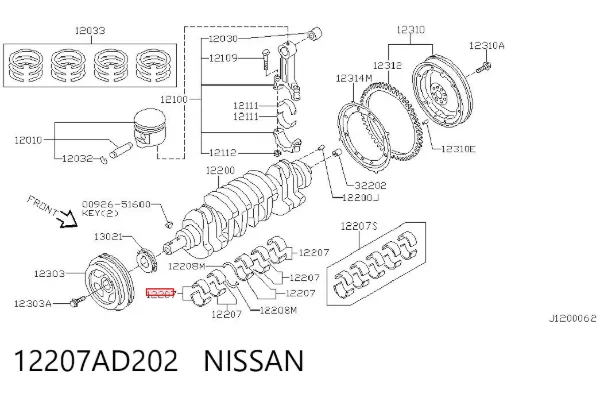 Folhas inseridas principais de cambota, kit, padrão (STD) 12207AD202 Nissan/Infiniti