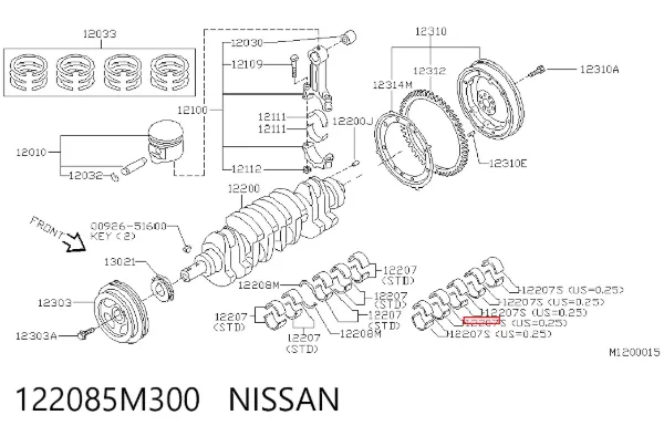 Folhas inseridas principais de cambota, kit, 1ª reparação ( + 0,25) 122085M300 Nissan/Infiniti