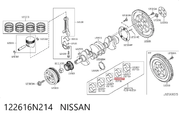 Folhas inseridas principais de cambota, kit, padrão (STD) 122616N214 Nissan/Infiniti