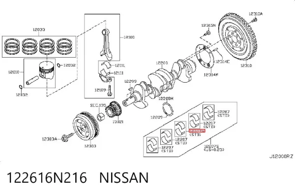 Folhas inseridas principais de cambota, kit, padrão (STD) 122616N216 Nissan/Infiniti