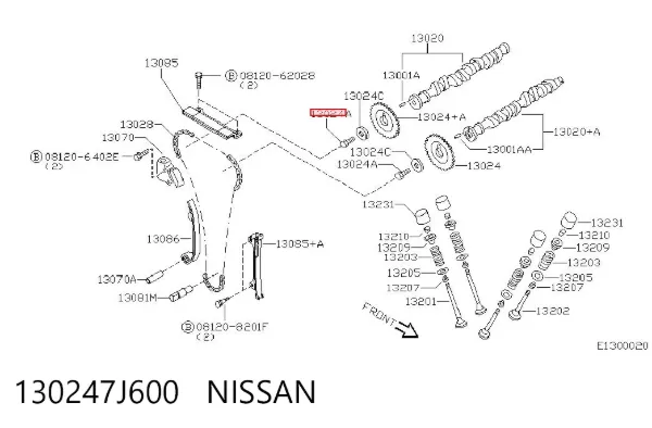 Engrenagem de cadeia de roda dentada da árvore distribuidora de escape de motor 130247J600 Nissan/Infiniti