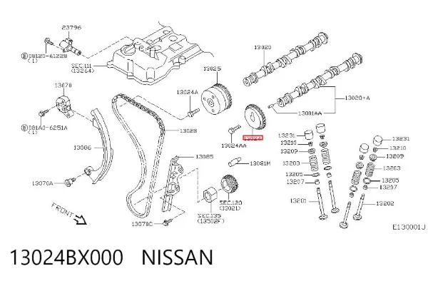 Engrenagem de cadeia de roda dentada da árvore distribuidora de escape de motor 13024BX000 Nissan/Infiniti