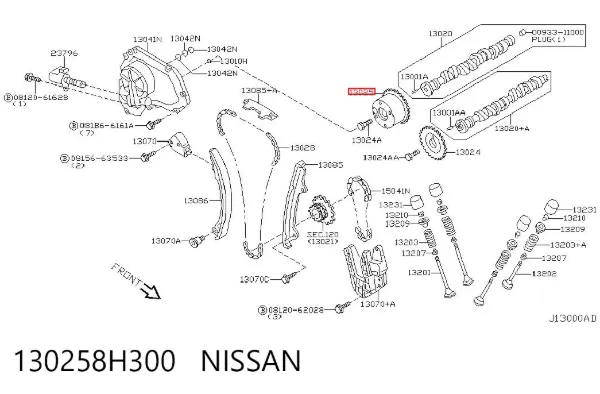 Engrenagem de cadeia de roda dentada da árvore distribuidora de admissão de motor 130258H300 Nissan/Infiniti