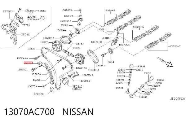 Reguladora de tensão da cadeia do mecanismo de distribuição de gás 13070AC700 Nissan/Infiniti