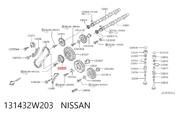 Engrenagem de cadeia da roda dentada da árvore distribuidora de motor 131432W203 Nissan/Infiniti