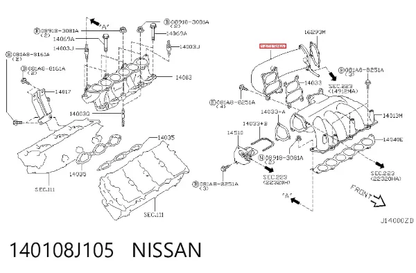 Tubo coletor de admissão 140108J105 Nissan/Infiniti