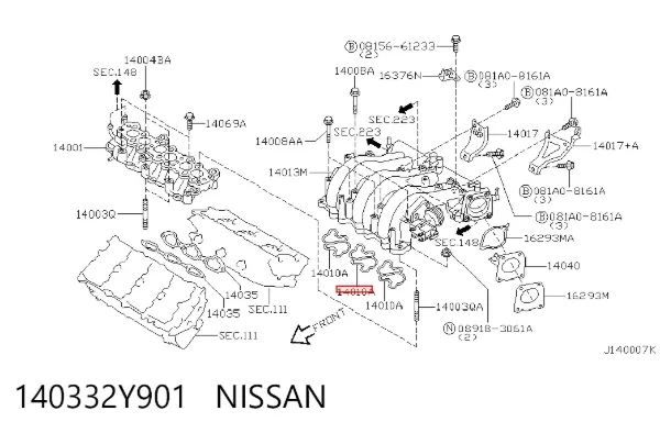 Vedante superior de tubo coletor de admissão 140332Y901 Nissan/Infiniti