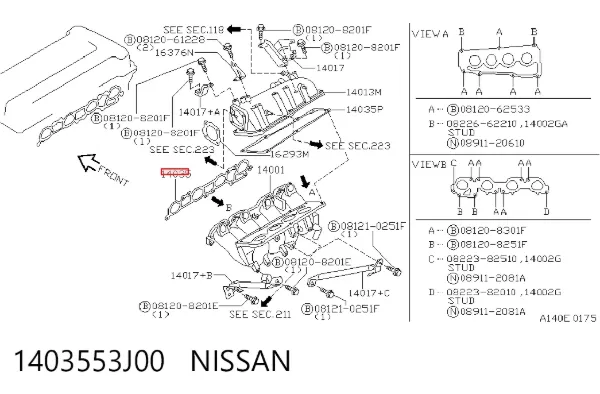Vedante de tubo coletor de admissão 1403553J00 Nissan/Infiniti