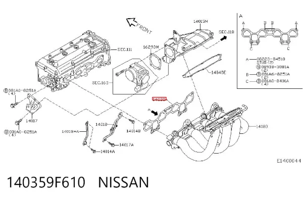 Vedante de tubo coletor de admissão 140359F610 Nissan/Infiniti