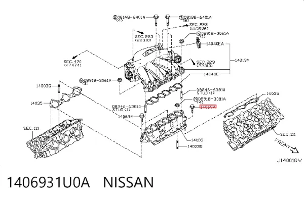 Parafuso (prego) de tubo coletor de admissão 1406931U0A Nissan/Infiniti