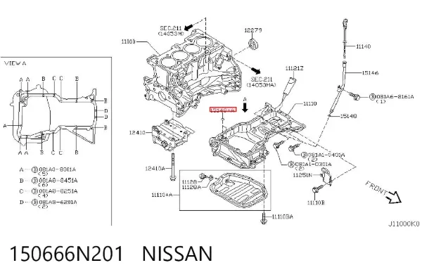 Anel de vedação da guia de sonda do nível de óleo de motor 150666N201 Nissan/Infiniti