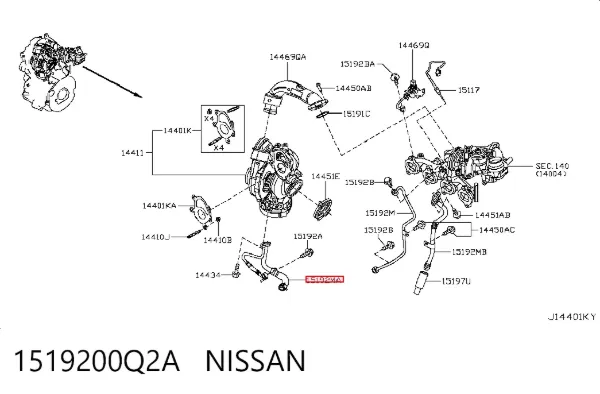 Tubo (mangueira) de fornecimento de óleo de turbina 1519200Q2A Nissan/Infiniti