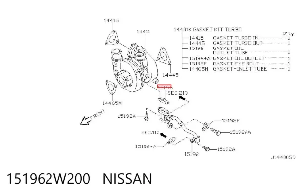 Vedante de turbina dos gases de escape, escape 151962W200 Nissan/Infiniti