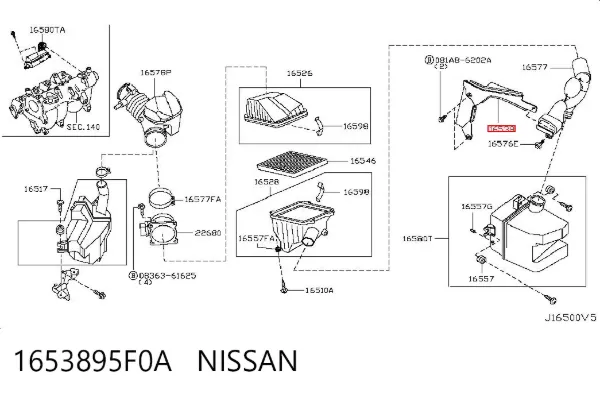 Consola de filtro de ar 1653895F0A Nissan/Infiniti