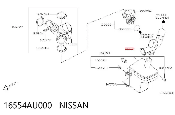 Cano derivado de ar, entrada de filtro de ar 16554AU000 Nissan/Infiniti