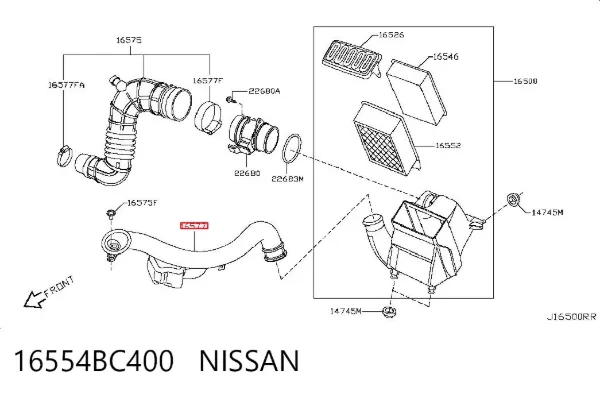 Cano derivado de ar, entrada de filtro de ar 16554BC400 Nissan/Infiniti