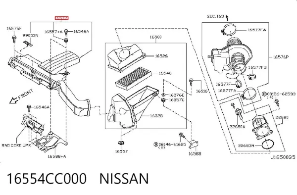 Cano derivado de ar, entrada de filtro de ar 16554CC000 Nissan/Infiniti