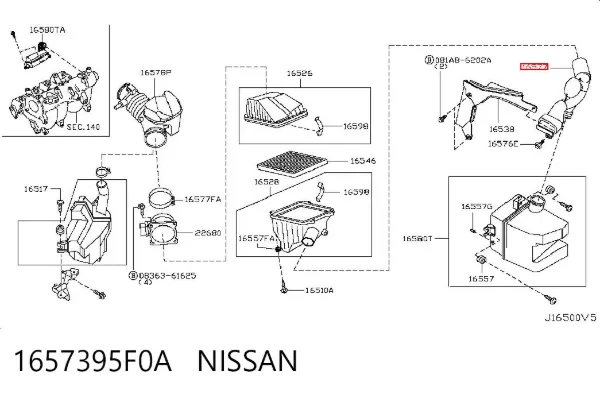 Cano derivado de ar, saída de filtro de ar 1657395F0A Nissan/Infiniti