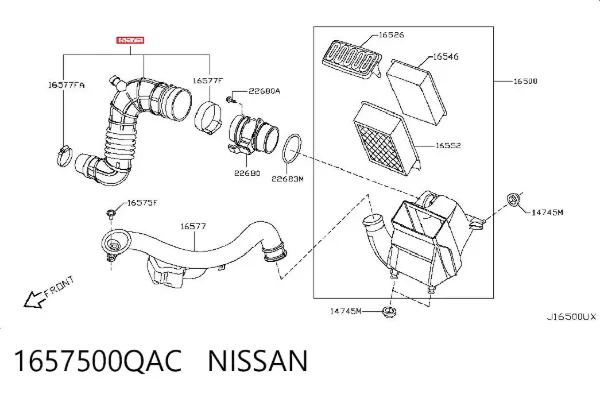 Cano derivado de ar, saída de filtro de ar 1657500QAC Nissan/Infiniti