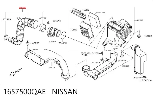 Cano derivado de ar, saída de filtro de ar 1657500QAE Nissan/Infiniti
