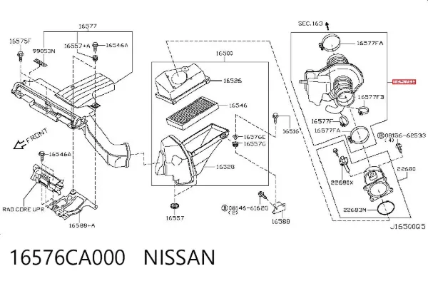 Cano derivado de ar, saída de filtro de ar 16576CA000 Nissan/Infiniti