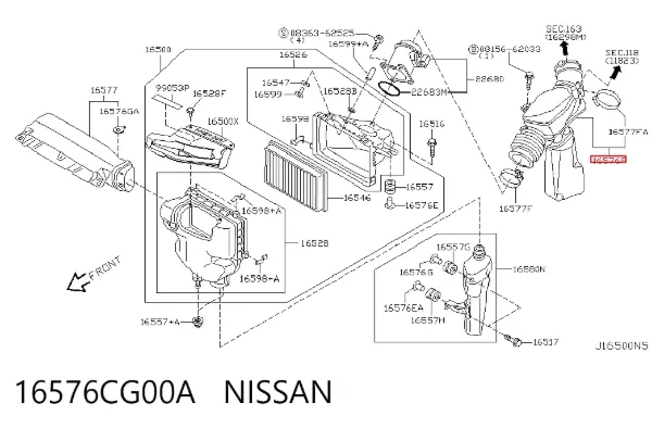 Cano derivado de ar, saída de filtro de ar 16576CG00A Nissan/Infiniti