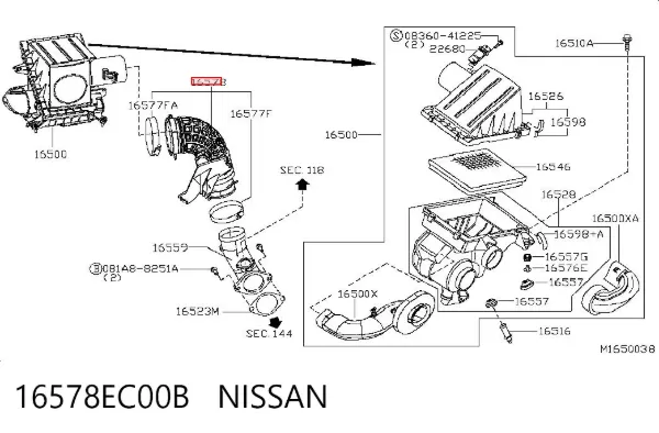 Cano derivado de ar, saída de filtro de ar 16578EC00B Nissan/Infiniti