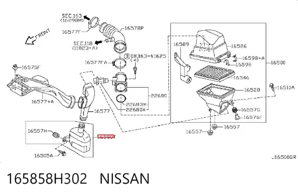 Ressonador de filtro de ar 165858H302 Nissan/Infiniti