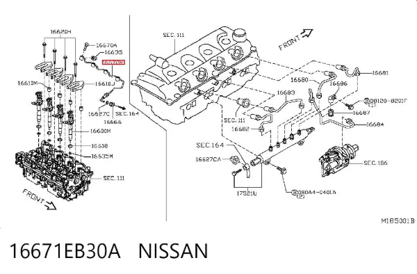 Tubo de combustível, inverso desde os injetores 16671EB30A Nissan/Infiniti