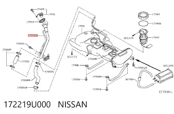 Gargalo de enchimento do tanque de combustível 172219U000 Nissan/Infiniti