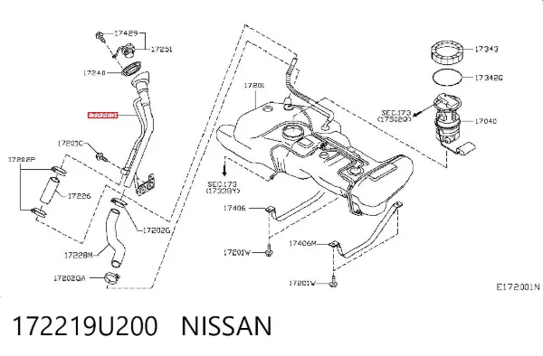 Gargalo de enchimento do tanque de combustível 172219U200 Nissan/Infiniti