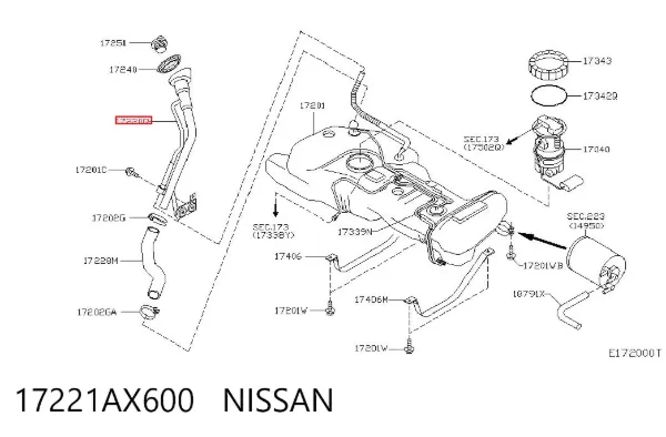 Gargalo de enchimento do tanque de combustível 17221AX600 Nissan/Infiniti
