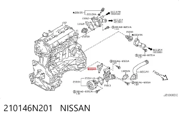 Vedante de bomba de água 210146N201 Nissan/Infiniti