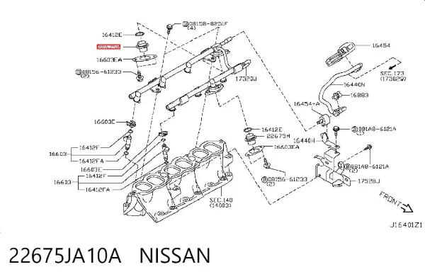 Regulador de pressão de combustível na régua de injectores Nissan Pathfinder R51M