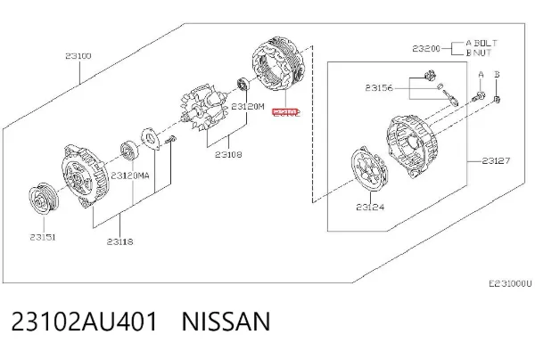 Enrolamento do gerador, estator 23102AU401 Nissan/Infiniti