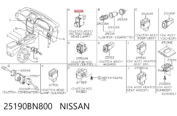 Comutador das luzes no "painel de instrumentos" 25190BN800 Nissan/Infiniti