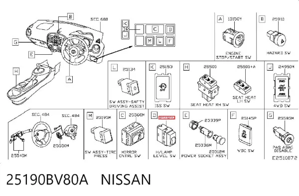 Botão (regulador) de corretor das luzes 25190BV80A Nissan/Infiniti