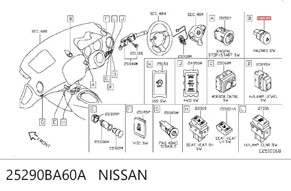 Botão de ativação do sinal de emergência 25290BA60A Nissan/Infiniti